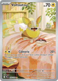 Pokémon card: Voltoutou, 70 PV. Attaque Câliner: Lancez une pièce. Si c’est face, cette attaque inflige 20 dégâts supplémentaires.