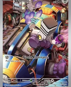 Pokémon trading card featuring a purple beetle-like robot named Virombe with 60 HP and attack text 'Pioche Tournante' displayed on a cluttered workshop background.