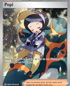 Pokémon TCG Supporter card 'Popi' showing a young girl in a cloak in a forest setting, with game text and a silver border at the top and bottom.