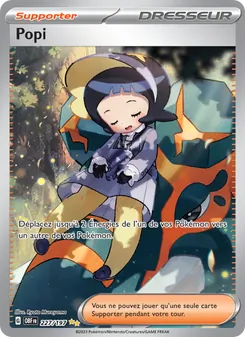 Pokémon TCG Supporter card 'Popi' showing a young girl in a cloak in a forest setting, with game text and a silver border at the top and bottom.