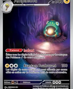 French Pokémon trading card for Ambidibou with 140 HP, showing its glow in a dark cave and its abilities (Isolant) and an attack dealing 100 damage.
