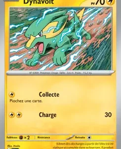 Dynavolt Pokémon card (HP 70, Electric); illustration of Dynavolt charging with sparks, yellow border; Attacks: Collecte (draw a card) and Charge 30.