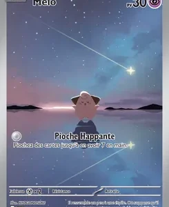 Pokémon trading card: Meloetta on a sunset lake with a shooting star; card title 'Pioche Huppante' and effect text in French.