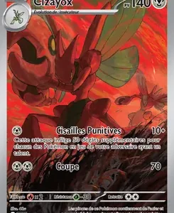 Pokémon trading card for Cizayox (Cizayox), red armored insect Pokémon with 140 HP, showing two attacks.