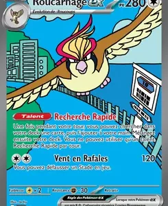 Roucarnage EX Pokémon card: a flying bird over a city backdrop, HP 280, with moves Recherche Rapide and Vent en Rafales.