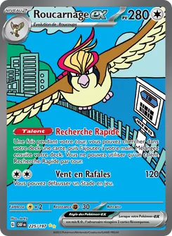 Roucarnage EX Pokémon card: a flying bird over a city backdrop, HP 280, with moves Recherche Rapide and Vent en Rafales.