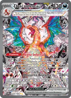 Carte Pokémon Dracaufeu EX foil avec un dragon flamboyant, HP 330; attaques Règne Infernal et Obscurité Brûlante (180+).
