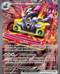 Pokémon Vrombotor ex card with 280 HP, fiery background and a car‑like Pokémon illustration, showing two attacks.