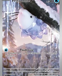 Frissonille Pokémon card with 50 HP; water type, artwork shows a small icy jelly creature clinging to ice in a wintry background; attack Poudreuse (10) is listed.