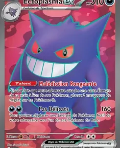French Ectoplasma EX Pokémon card: 310 HP, purple ghost with red eyes on a pink background; attacks include Pas Délicats (160) and Malédiction Rongeante with descriptive effect text.