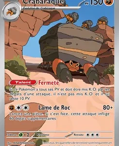French Pokémon card featuring Crabaraque, HP 150, with attacks Fermeté and Lame de Roc (80+), set against a rocky canyon scene.
