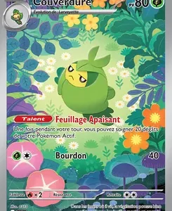 Front of a Pokémon trading card: Couverdure, Grass type, 80 HP, shown in a lush jungle setting with yellow flowers, featuring Feuillage Apaisant and a Bourdon attack (40).