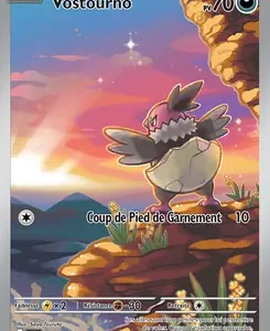Pokémon card for Vostourno (basic), 70 HP; artwork shows a pink bird on a cliff at sunset; attack: Coup de Pied de Garnement.