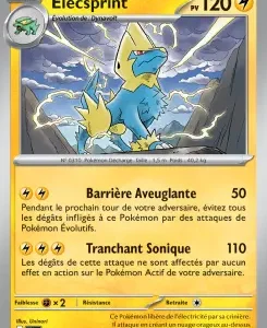 French Pokémon card Élécsprint: 120 PV, Electric type, art of a blue electric bird with lightning; attacks Barrière Aveuglante (50) and Tranchant Sonique (110).