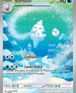 Sorboul Pokémon card with HP 90, two attacks: Collision (30) and Laser Glace (50), icy background.