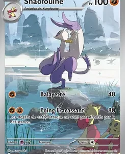 Pokémon trading card featuring Shaofouine with 100 HP; illustration shows a purple feline Pokémon in a snowy icy landscape; attacks Balayette (40) and Poing Fracassant (80).