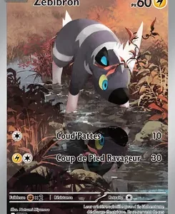 Zébibron Pokémon card, HP 60; attacks Coud'Pattes (10) and Coup de Pied Ravageur (30); dog-like Pokémon in an autumn swamp.