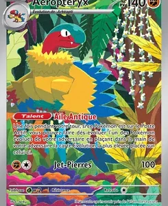 French Pokémon trading card Aeropteryx (HP 140) featuring a colorful dragon-like Pokémon in a lush jungle; shows attacks including Jet-Pierres 100 and accompanying flavor text.