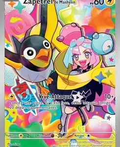 Colorful Pokémon trading card showing Zapérel and a pink-haired trainer in a bright rainbow background, with attack text in French and energy symbols.