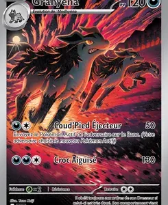 Pokémon trading card featuring Grahyéna with 120 HP, showing a fiery lava scene and two attacks listed on the card, including a dark, fearsome illustration of two wolves.