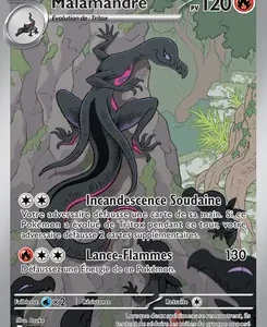 Pokémon card: Malamandre, fire-type, 120 HP; artwork shows a dark dragon-like creature in a forest; attacks Incandescence Soudaine and Lance-Flammes (130).
