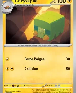 Chrysapile Pokémon card: green cube creature in a cave, 100 HP, two attacks Force Poigne (30) and Collision (50).