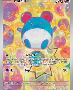 Trading card for Marill with 70 HP, holographic background, showing two attacks named Cachette and Flop; cute blue Pokémon with pink ears and white belly.