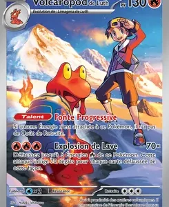 Pokémon trading card featuring Volcaropod de Luth with a trainer in a snowy volcanic landscape; shows HP 130 and Fire type icon.