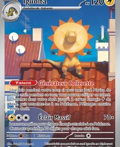 French Pokémon trading card featuring Générateur Colerette, a sun‑powered robot Pokémon with a bright sun head on a blue sky backdrop, listing Éclair Massif as its attack and 70 HP.