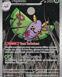 Trading card featuring Papinox (Papinox) with 140 HP, in a night sky scene with tall grass in the foreground and a green and pink creature image; shows attacks 'Poison Nocturne' and 'Vent Turbulent' with associated energy costs and flavor text in French.