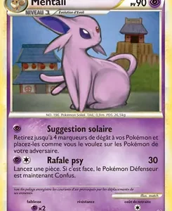 Pokémon card for Mentali: a pink-purple dragon-like Pokémon with HP 90, two attacks listed in French, yellow border.