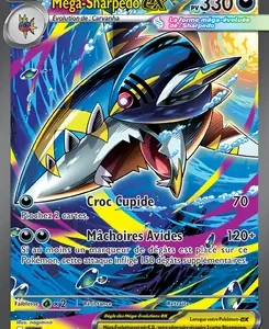 Mega Sharpedo EX Pokémon card: water-type shark leaping through electric blue water; HP 330; attacks include Machoires Avide (120) and another move, with French card text.