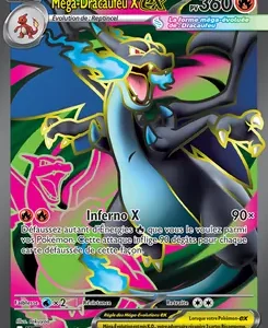 Mega Charizard X EX Pokémon trading card featuring a blue-black Charizard with a fiery, colorful backdrop and the Inferno X ability text visible.