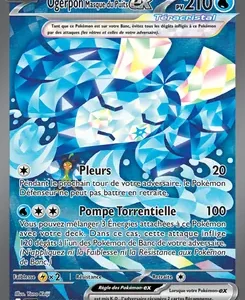 Pokémon trading card: Ogerpon Masque du Nuit EX, 210 HP, blue geometric artwork; attacks Pleurs and Pompe Torrentielle.