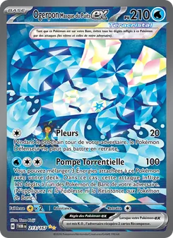 Pokémon trading card: Ogerpon Masque du Nuit EX, 210 HP, blue geometric artwork; attacks Pleurs and Pompe Torrentielle.