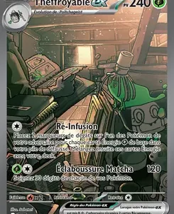 Pokémon EX card for Théffroyable EX (240 HP) with an alchemist in a cluttered workshop; shows moves Re-Infusion and Éblouissance Matcha in French.