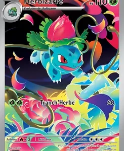 Trading card image of Ivysaur (Herbizarre) with a neon, colorful background and the attack Tranch’Herbe.