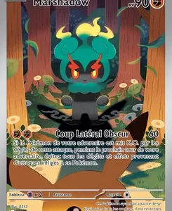 Trading card image of Marshadow, a dark-type Pokémon, set in a forest with glowing eyes, showing 90 HP and the move Coup Latéral Obscur (60 damage).