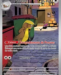 French Pokémon card featuring Argouste, a yellow lizard-like Pokémon, in an alley scene with the move Morsure (50) and ability 'Talente: Rassemblement de Preuves'.