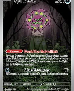Pokémon Spiritomb trading card in a dark forest, purple orb with green gems, with French card text and attacks.