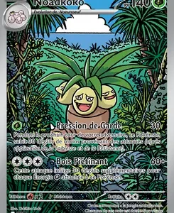Pokémon card featuring Noadkoko in a tropical jungle, with attacks named 'Pression de Garde' and 'Bois Piétinant' visible on the card.