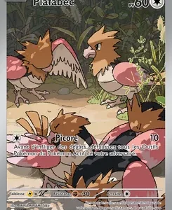 Pokemon card featuring Piafabec (60 HP) in a forest with several bird Pokémon around; lists attack Picore.