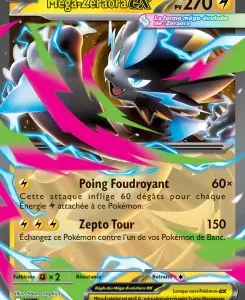 Mega Zeraora EX Pokémon card with electric bursts and two attacks Poing Foudroyant and Zepto Tour.