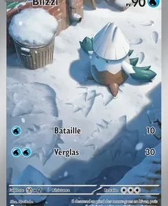 French Pokémon card showing Blizzi in a snowy scene; HP 90, attacks Bataille 10 and Verglas 30, blue energy icons.