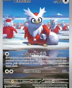 Pokémon trading card for Cadoizo with 90 HP, showing two moves—Cadeau Rapide and Gifle Douce (30)—on a snowy beach background with other Cadoizo in the scene.