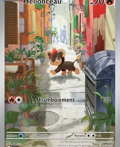 French Pokémon card for Hélionceau, showing a small orange-brown kitten in a sunlit alley with the attack Flamboyant et attaque.