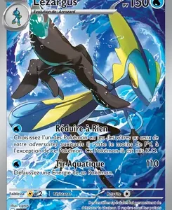 Pokémon trading card featuring Lezargus, a Water-type Pokémon, leaping in a blue ocean background with two attacks listed in French.
