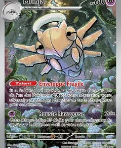 French Pokémon trading card featuring Munja with two attacks (Enveloppe Fragile and Rouste Ravageuse), HP 60, artwork of the creature in a forest setting.