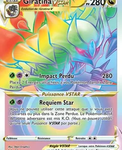Carte Pokémon française Giratina VSTAR avec 280 PV et illustration colorée, montrant les attaques Impact Perdu et Requiem Star.
