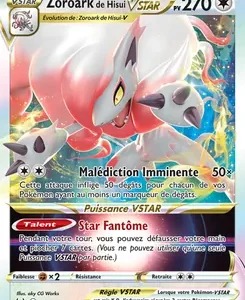 Trading card image: Zoroark of Hisui VSTAR with 270 HP, featuring a red, dragon-like Pokémon in dynamic attack pose on a colorful background.